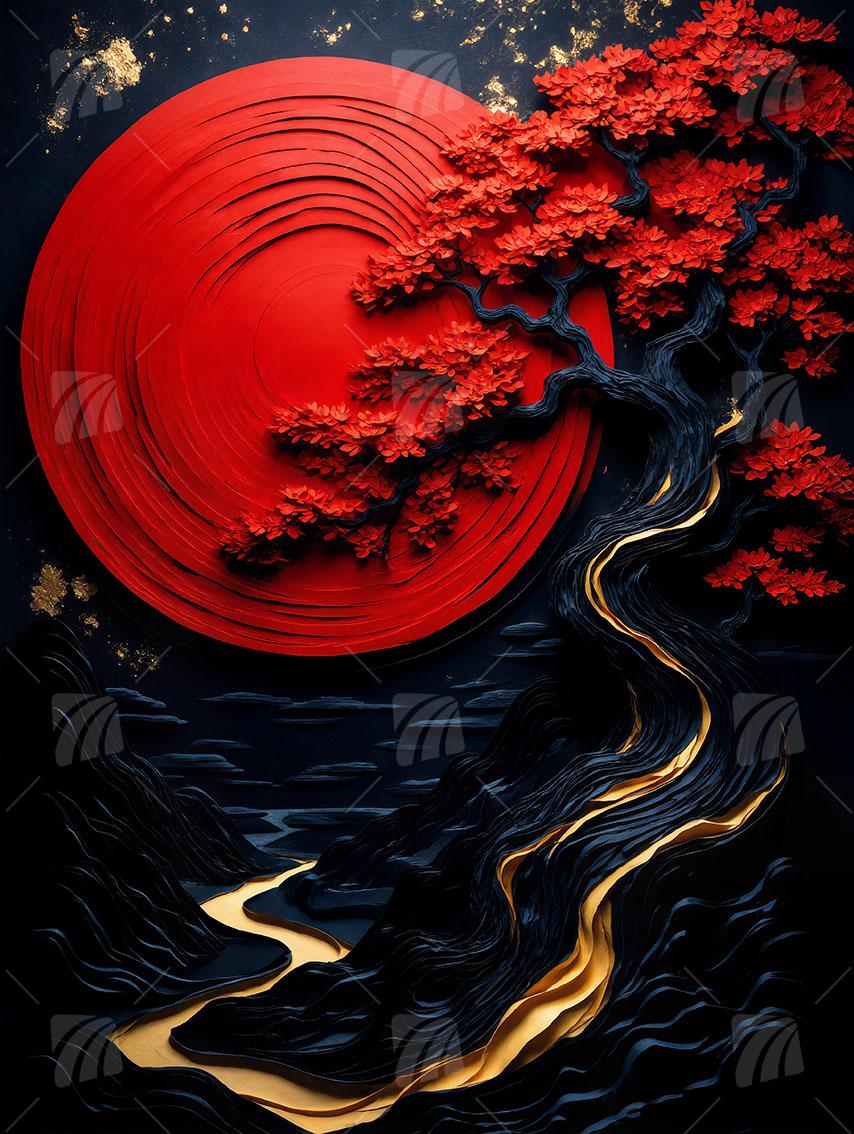 goldener Landschaft Japanische Ästhetik Wandbild auf Aluminium Dibond Spanntuch