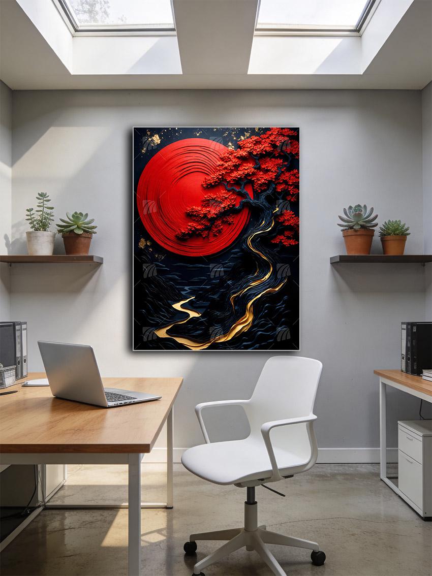 goldener Landschaft Japanische Ästhetik Wandbild – Detailansicht