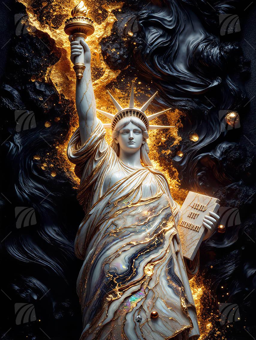 Freiheitsstatue Marmor Black & Gold Wandbild auf Aluminium Dibond Spanntuch