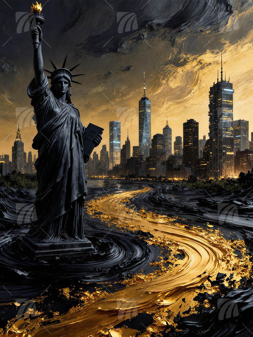 goldener Skyline Black & Gold Wandbild auf Aluminium Dibond Spanntuch