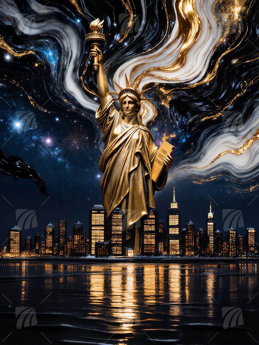 Liberty's Glow Black & Gold Wandbild auf Aluminium Dibond Spanntuch