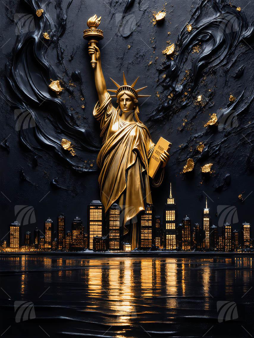 Freiheitsstatue Skyline Black & Gold Wandbild auf Aluminium Dibond Spanntuch