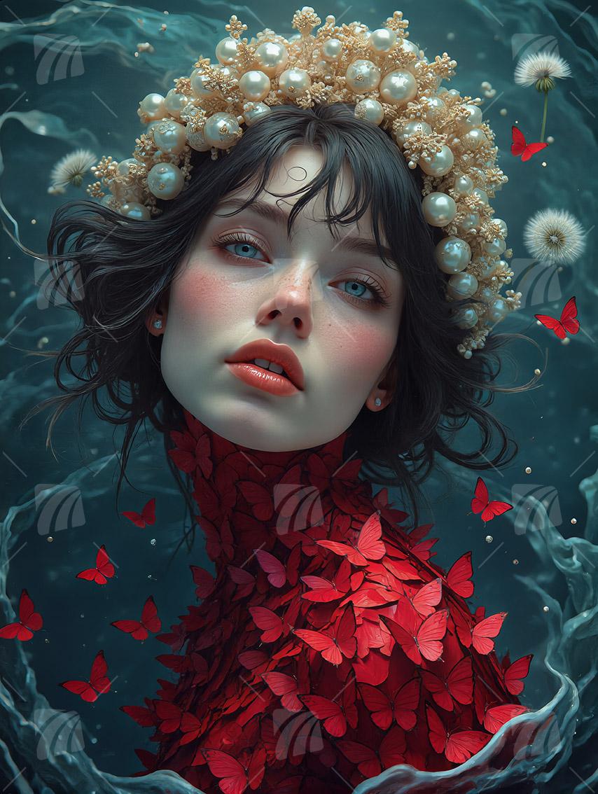 Frau mit Perlendiadem Mystische Weiblichkeit Wandbild auf Aluminium Dibond Spanntuch