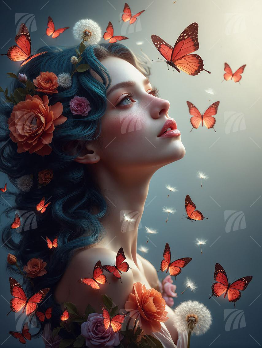 Butterfly Dream Mystische Weiblichkeit Wandbild auf Aluminium Dibond Spanntuch