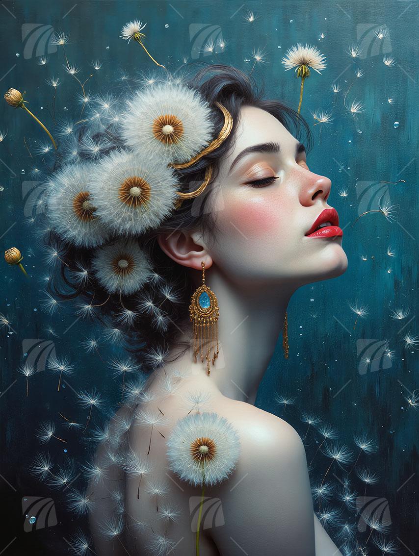 Dandelion Dream Mystische Weiblichkeit Wandbild auf Aluminium Dibond Spanntuch