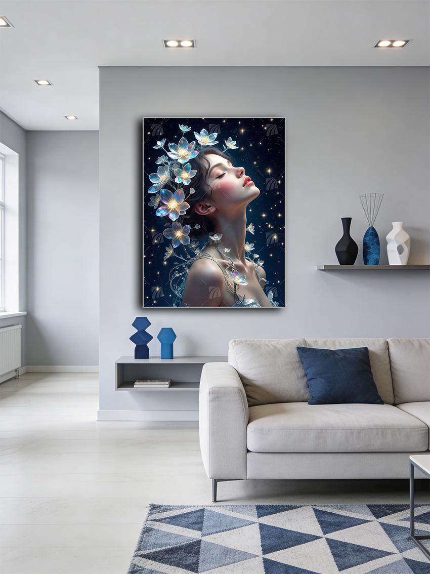 Celestial Bloom Mystische Weiblichkeit Wandbild – Detailansicht