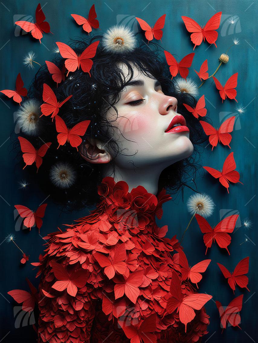 Crimson Reverie Mystische Weiblichkeit Wandbild auf Aluminium Dibond Spanntuch