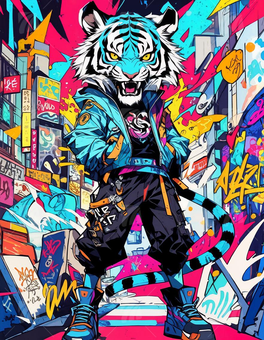 Urban Tiger Neon Beasts Wandbild auf Aluminium Dibond Spanntuch