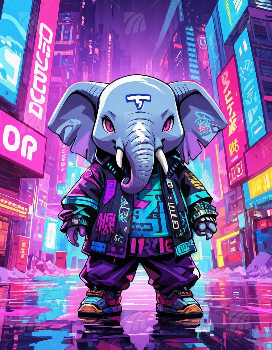 Cyber Elephant Neon Beasts Wandbild auf Aluminium Dibond Spanntuch