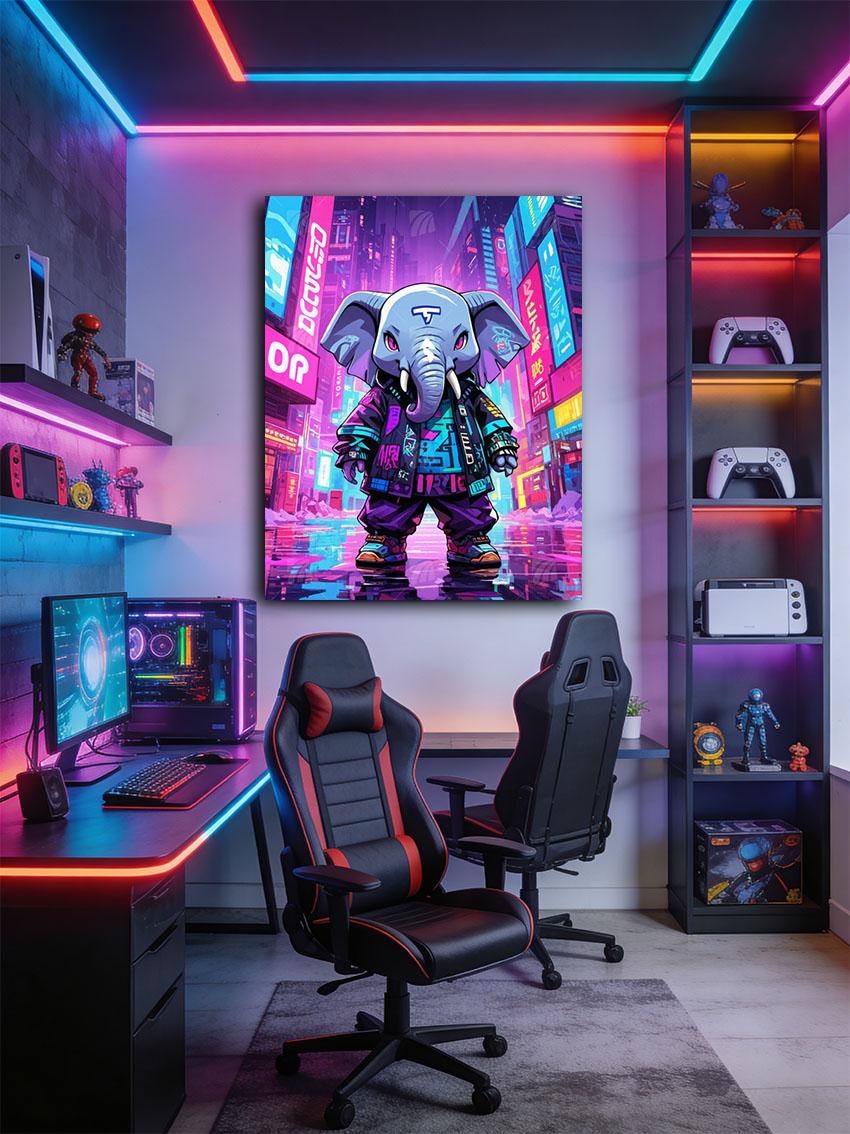 Cyber Elephant Neon Beasts Wandbild – Detailansicht