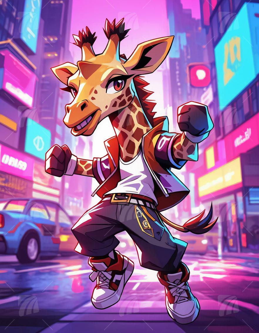 Urban Giraffe Groove Neon Beasts Wandbild auf Aluminium Dibond Spanntuch