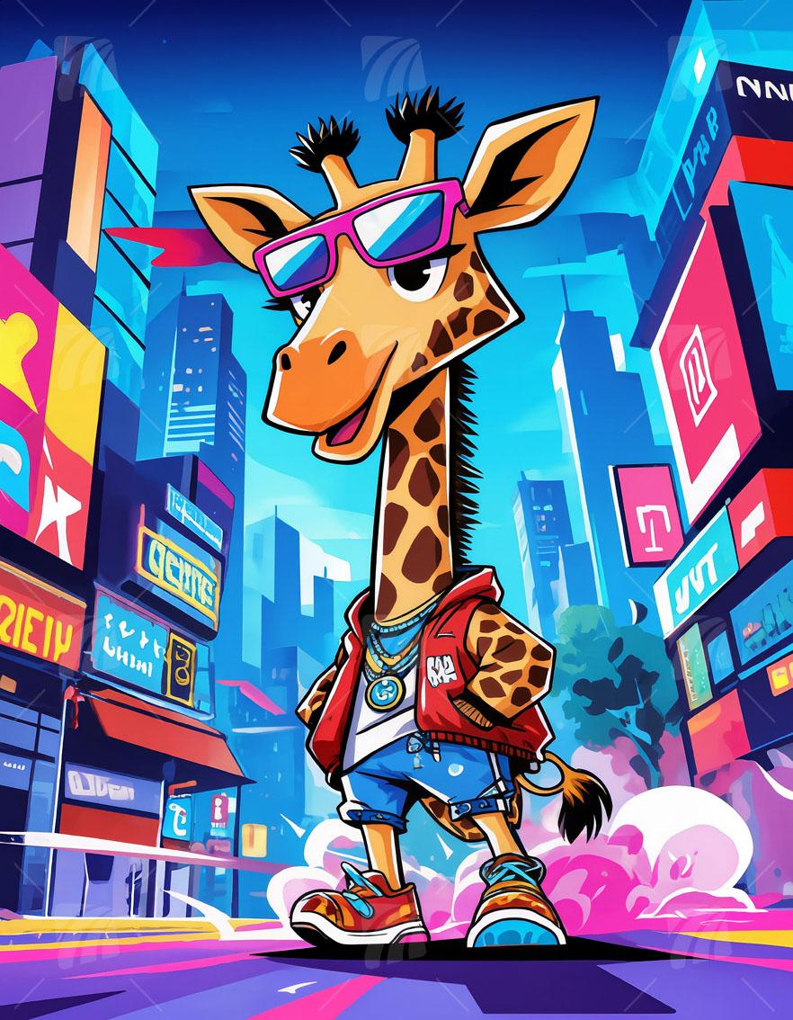 Urban Giraffe Pop Art Wandbild auf Aluminium Dibond Spanntuch