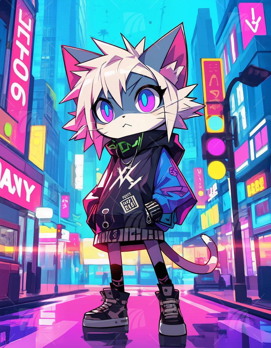 Anime Katze Neon Beasts Wandbild auf Aluminium Dibond Spanntuch