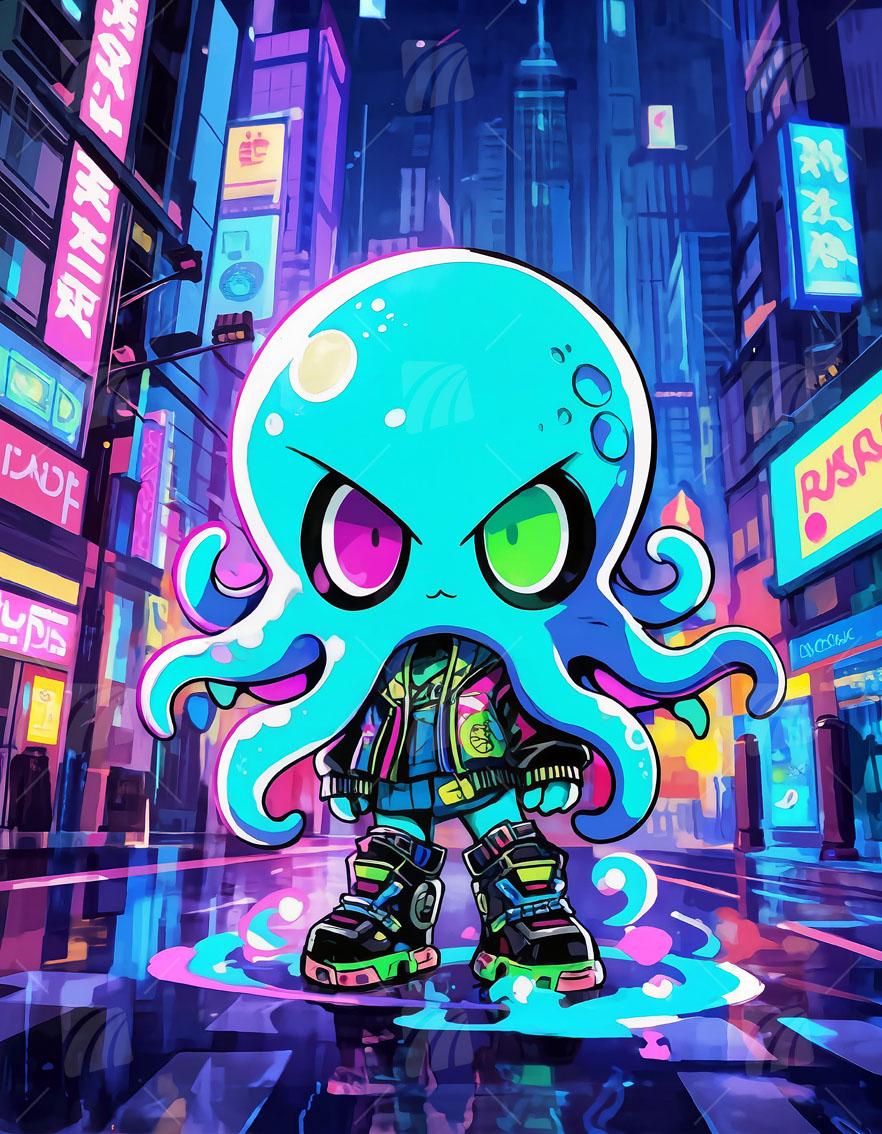 Neon Octo Pop Art Wandbild auf Aluminium Dibond Spanntuch