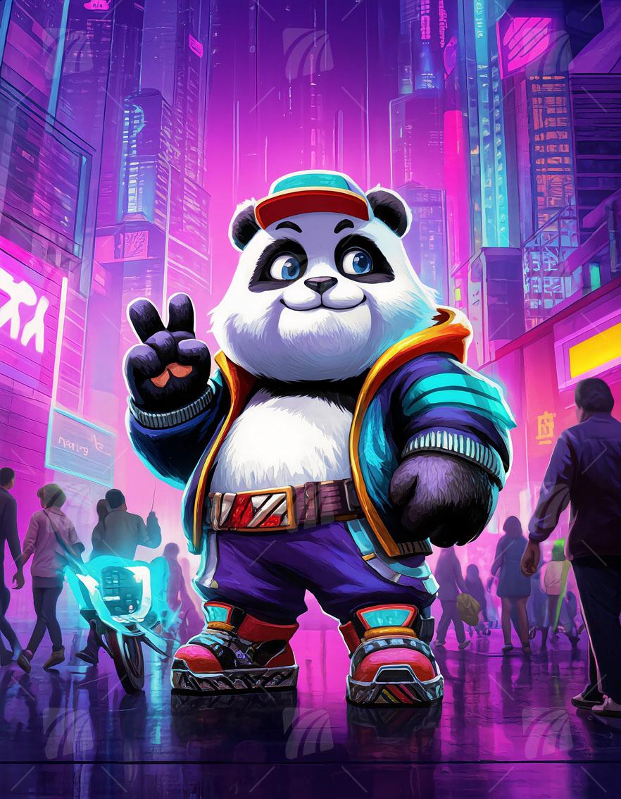 Neon Panda Pop Art Wandbild auf Aluminium Dibond Spanntuch