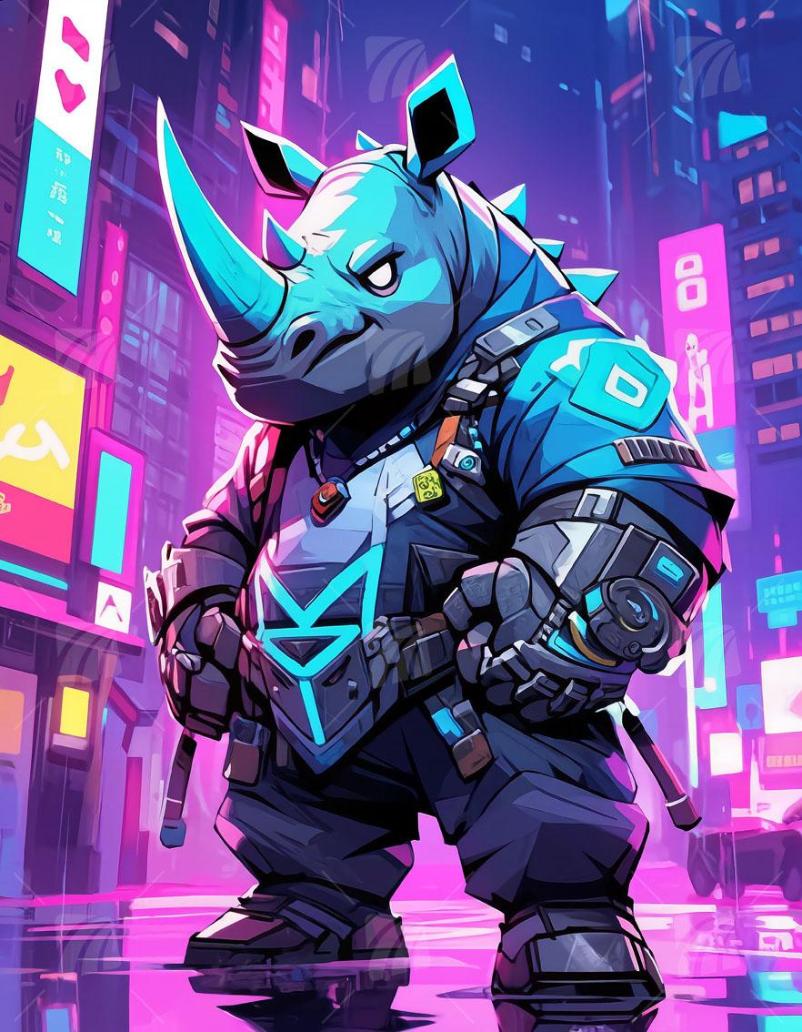 Cyber Rhino Neon Beasts Wandbild auf Aluminium Dibond Spanntuch