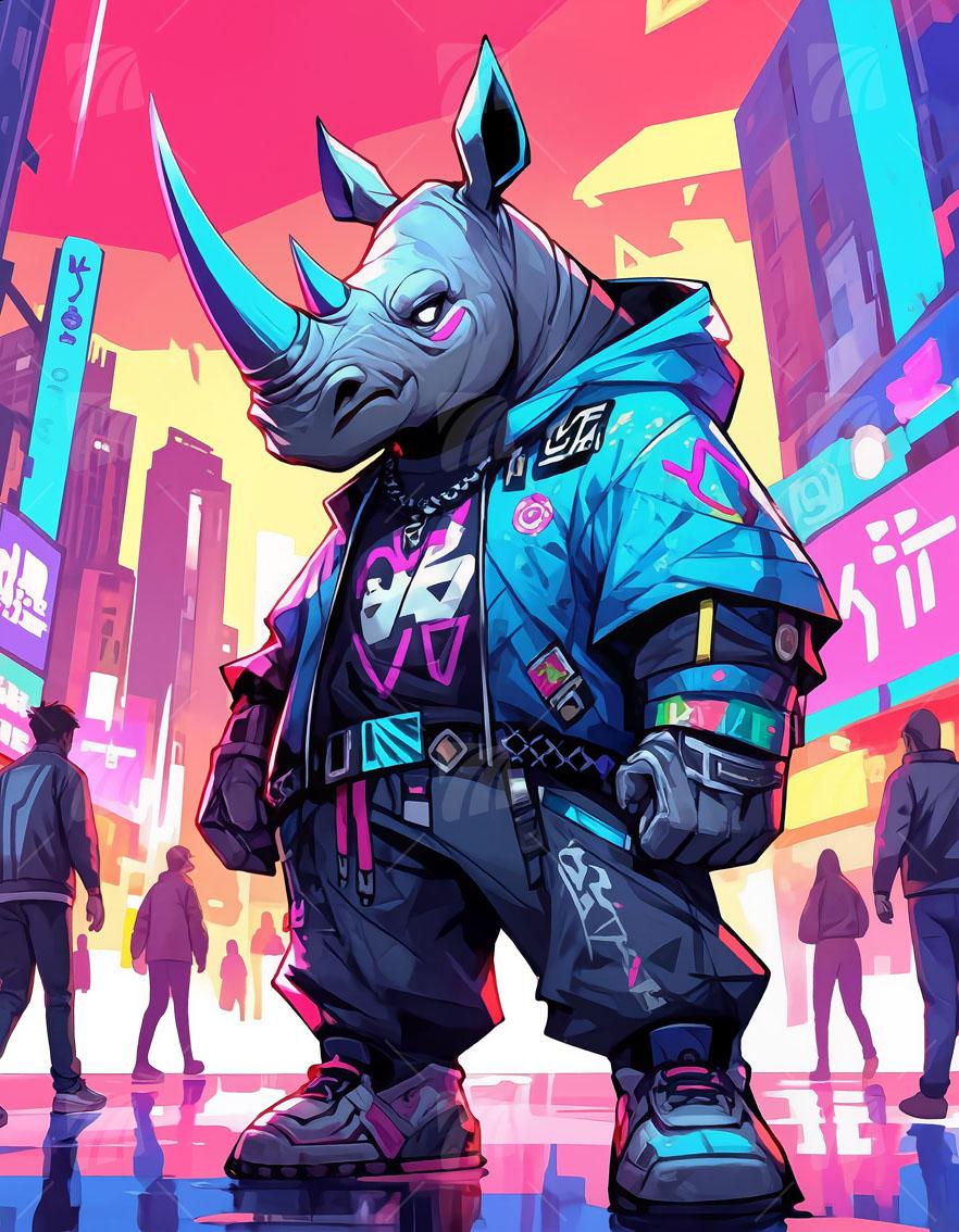 Urban Rhino Neon Beasts Wandbild auf Aluminium Dibond Spanntuch