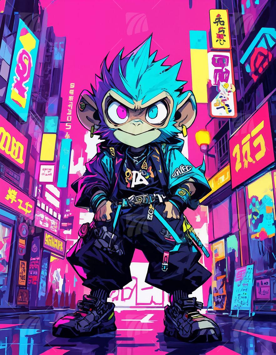 Cyber Ape Vibes Pop Art Wandbild auf Aluminium Dibond Spanntuch