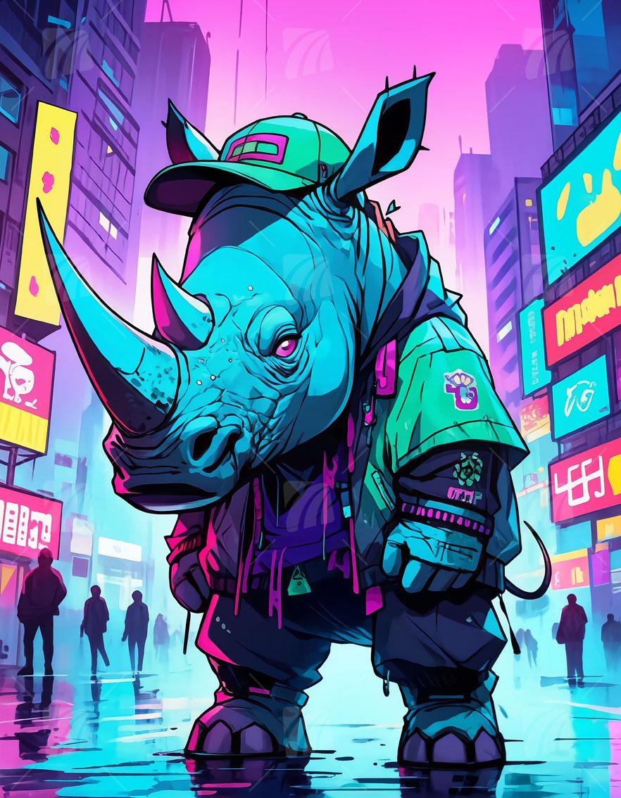 Rhino Neon Beasts Wandbild auf Aluminium Dibond Spanntuch