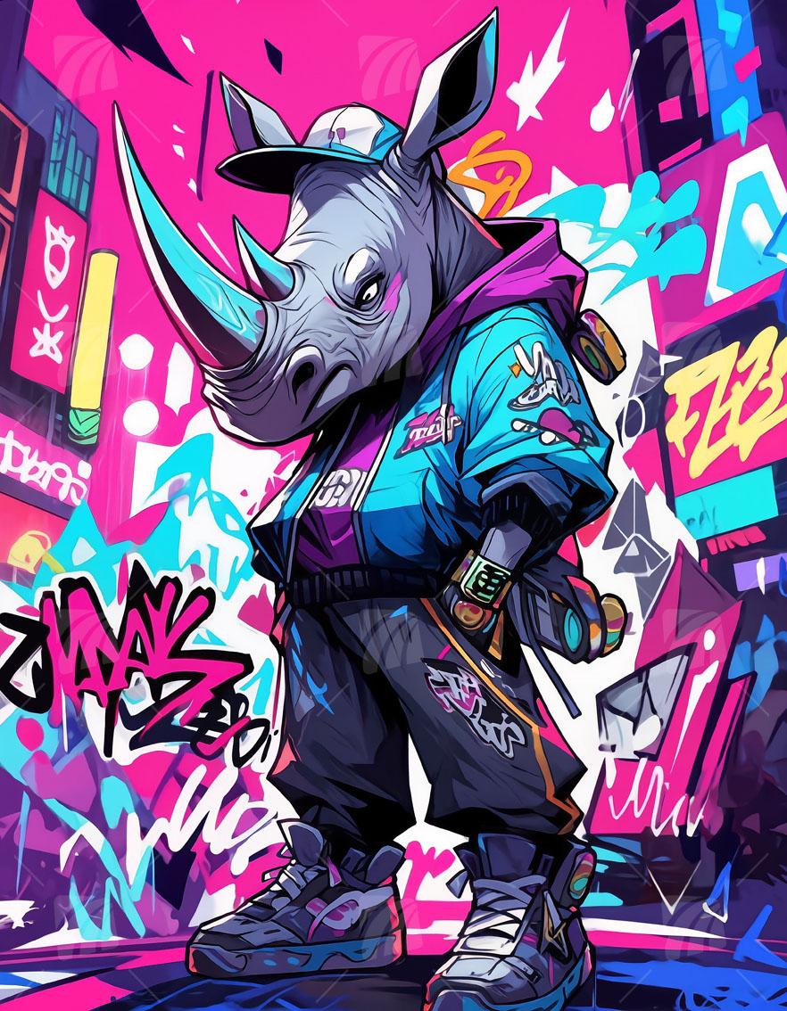 Rhino 2 Neon Beasts Wandbild auf Aluminium Dibond Spanntuch