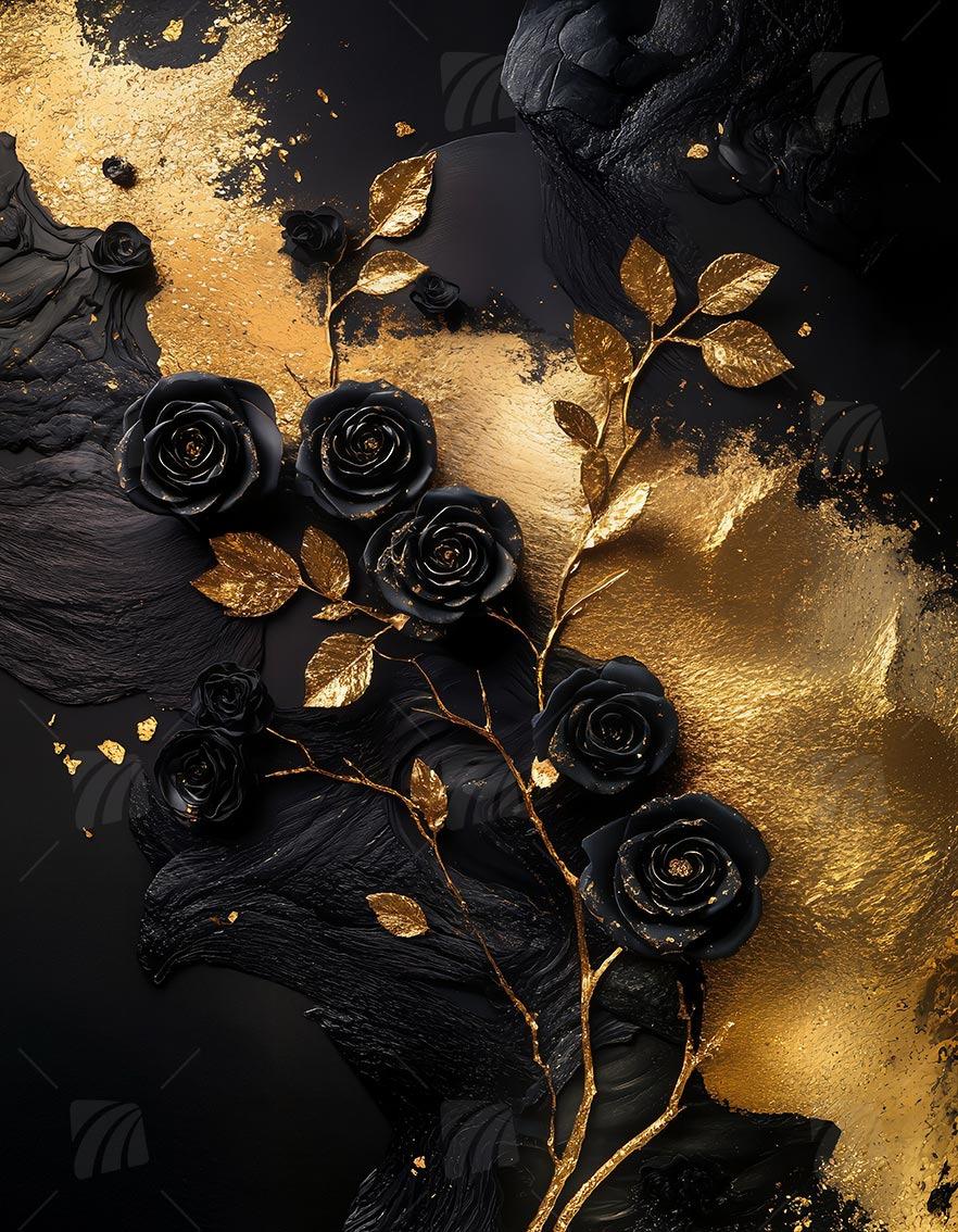 Black Roses Black & Gold Wandbild auf Aluminium Dibond Spanntuch