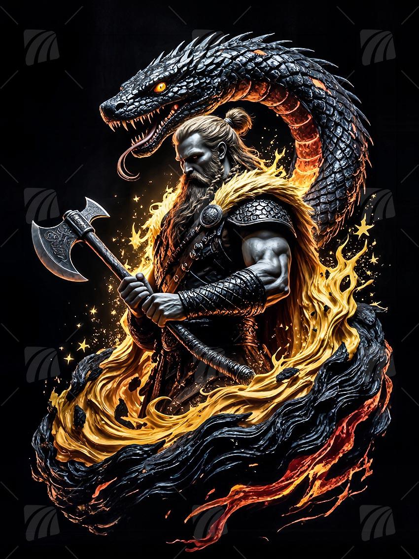 Dragon Viking Krieger Wandbild auf Aluminium Dibond Spanntuch