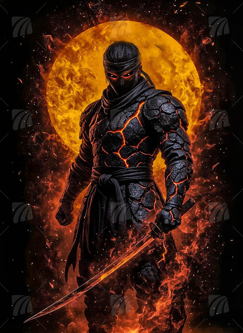 Fire Samurai Krieger Wandbild auf Aluminium Dibond Spanntuch