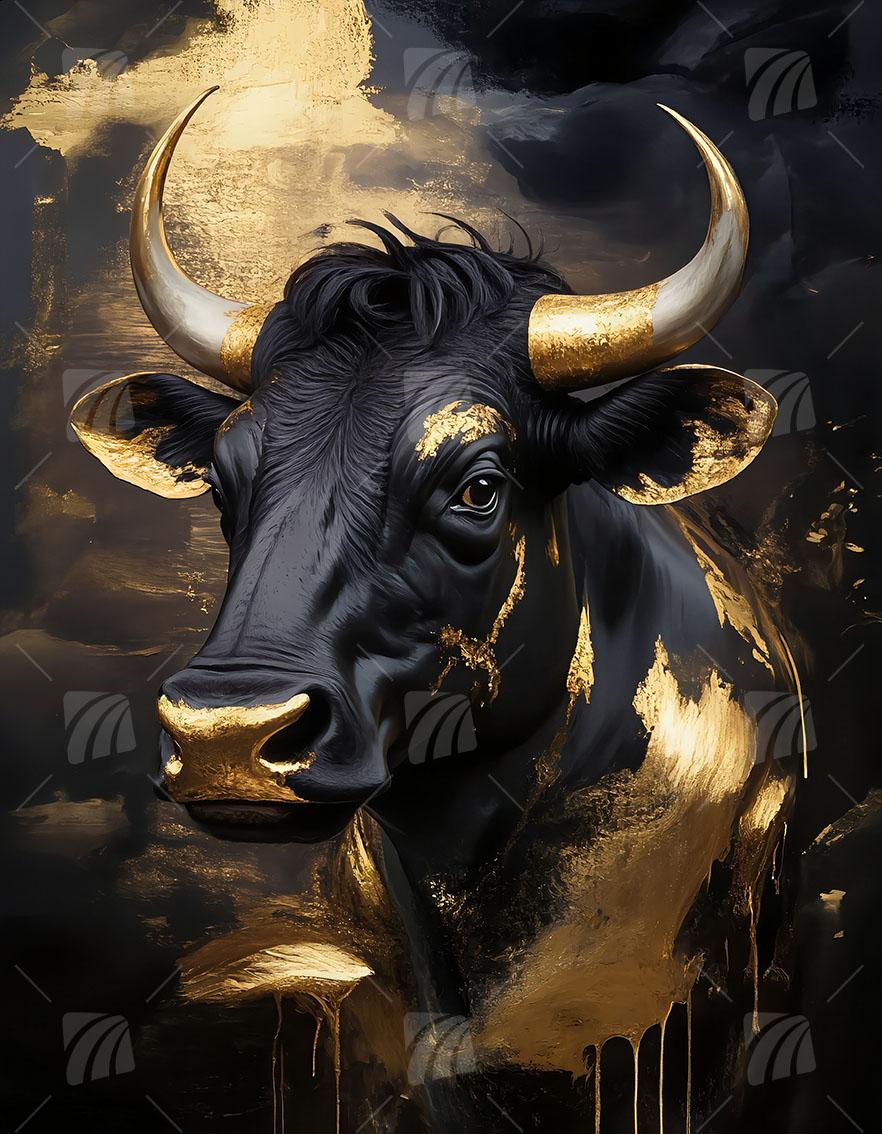 Golden Bull Tiere Wandbild auf Aluminium Dibond Spanntuch