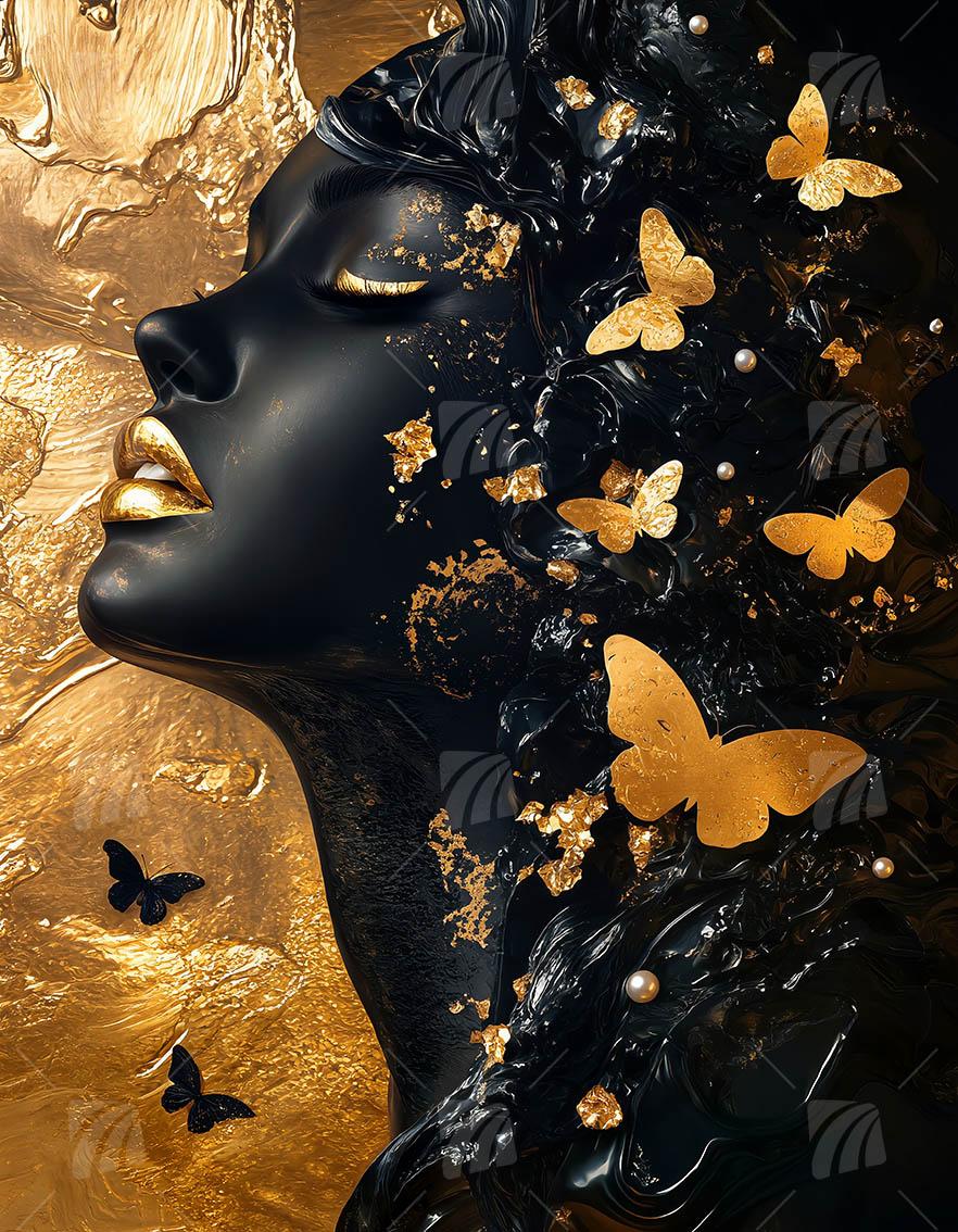 Golden Butterfly Black & Gold Wandbild auf Aluminium Dibond Spanntuch