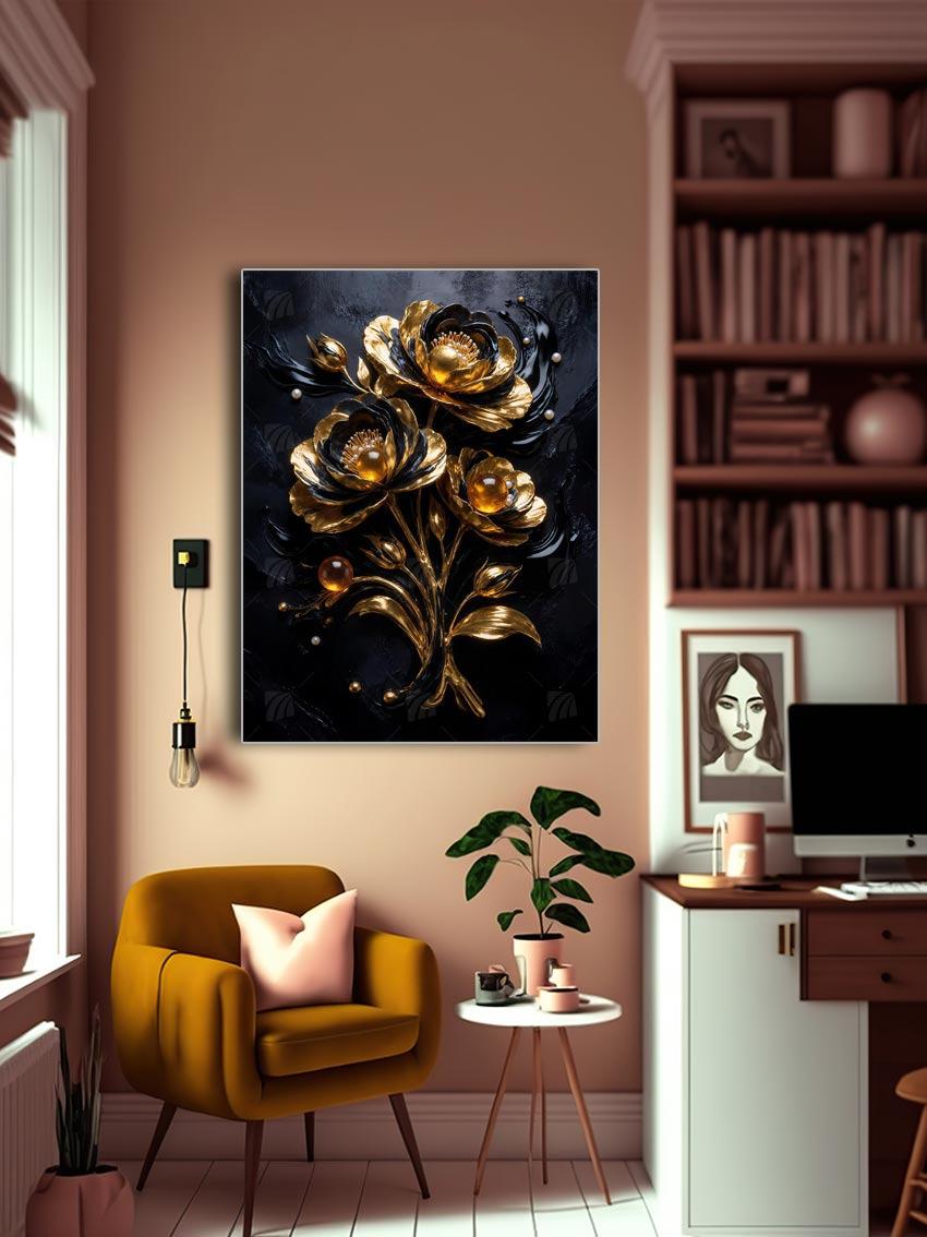 Golden Flowers Black & Gold Wandbild – Detailansicht