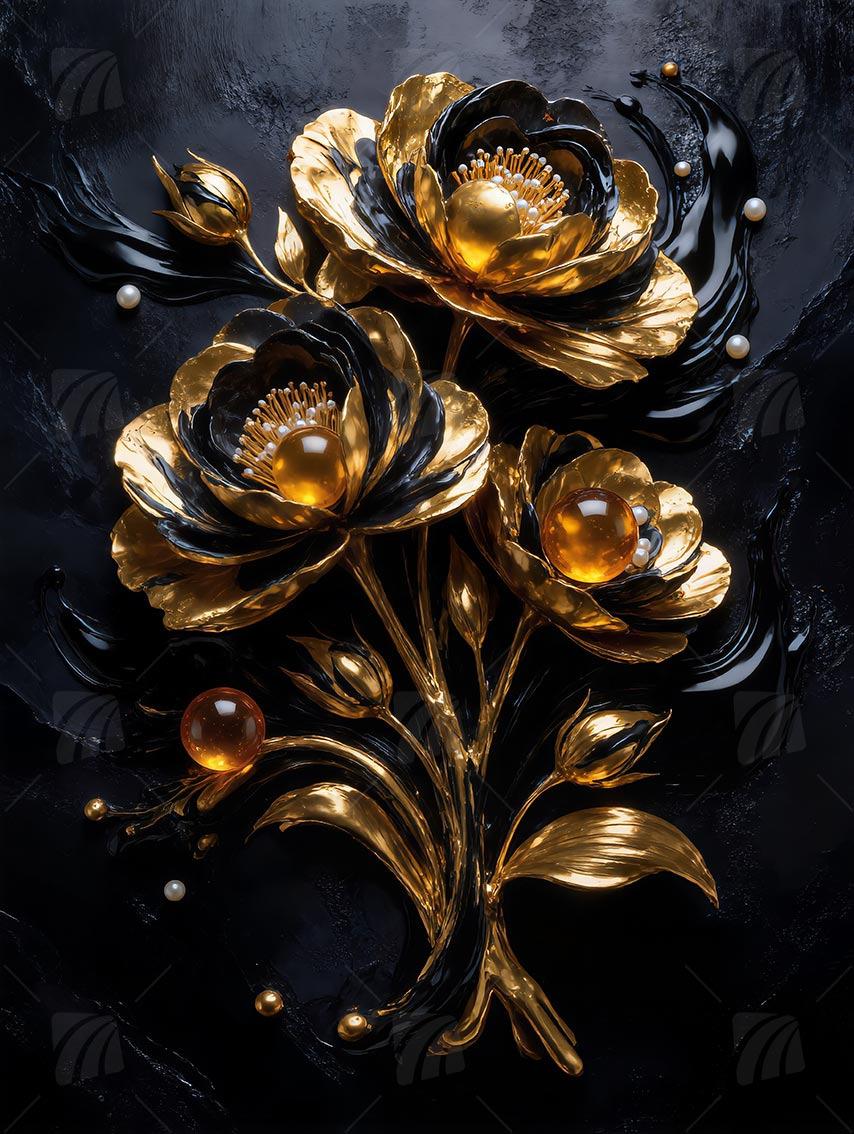 Golden Flowers Black & Gold Wandbild auf Aluminium Dibond Spanntuch
