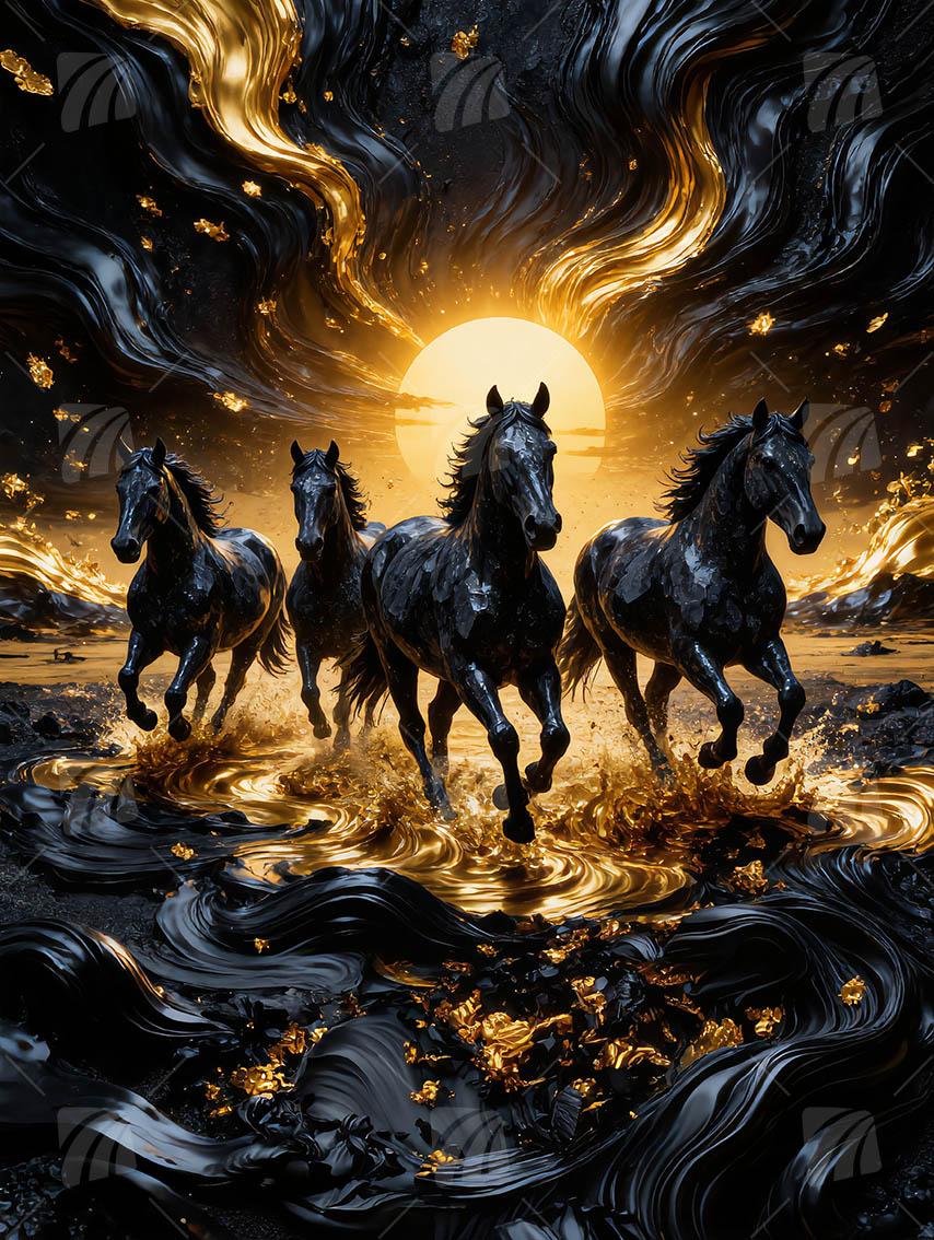 Golden Horses Tiere Wandbild auf Aluminium Dibond Spanntuch