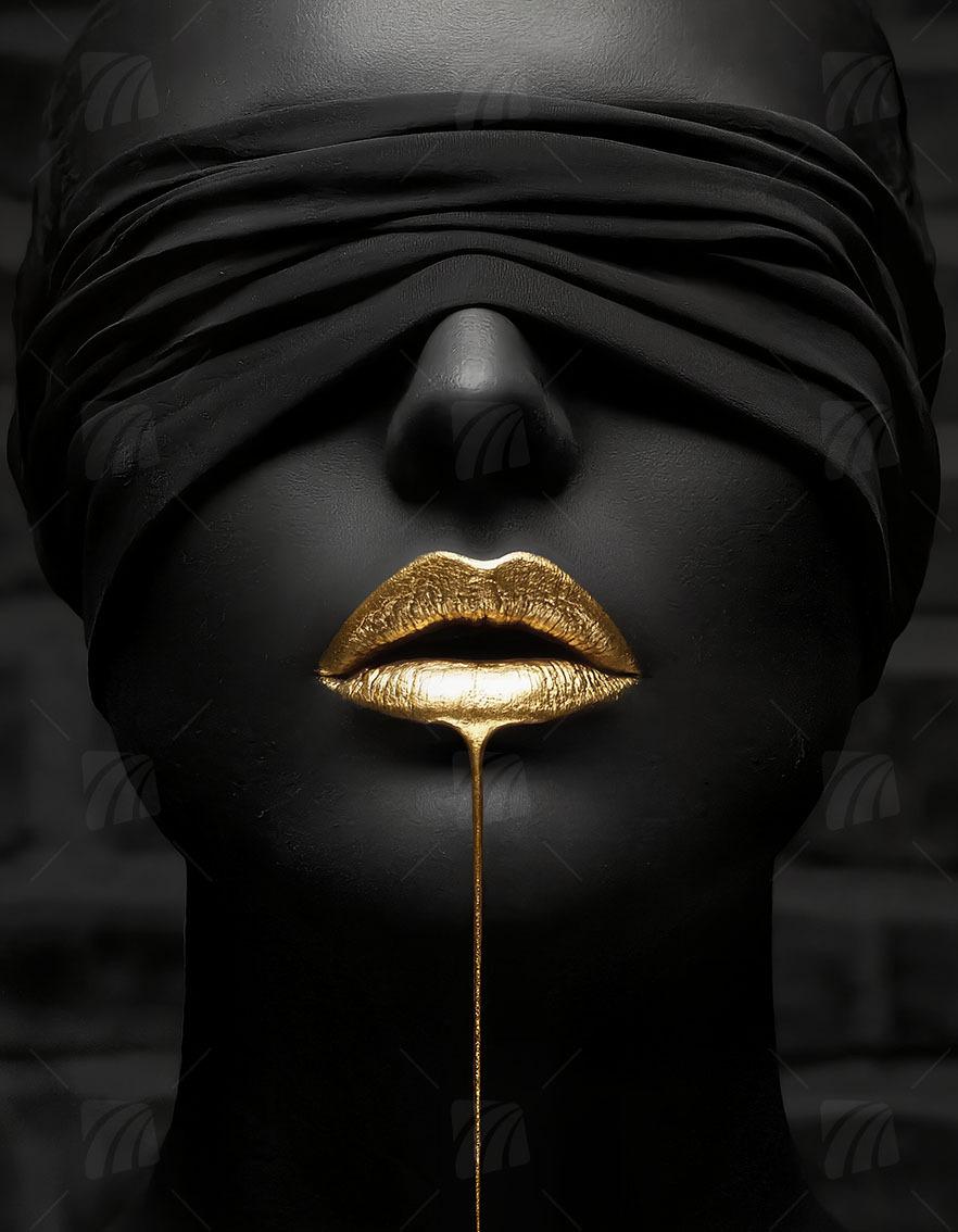 Golden Lips Black & Gold Wandbild auf Aluminium Dibond Spanntuch