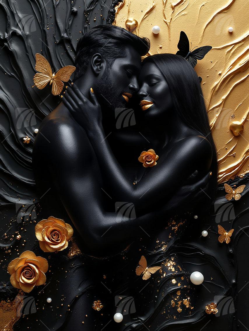 Golden Love Black & Gold Wandbild auf Aluminium Dibond Spanntuch