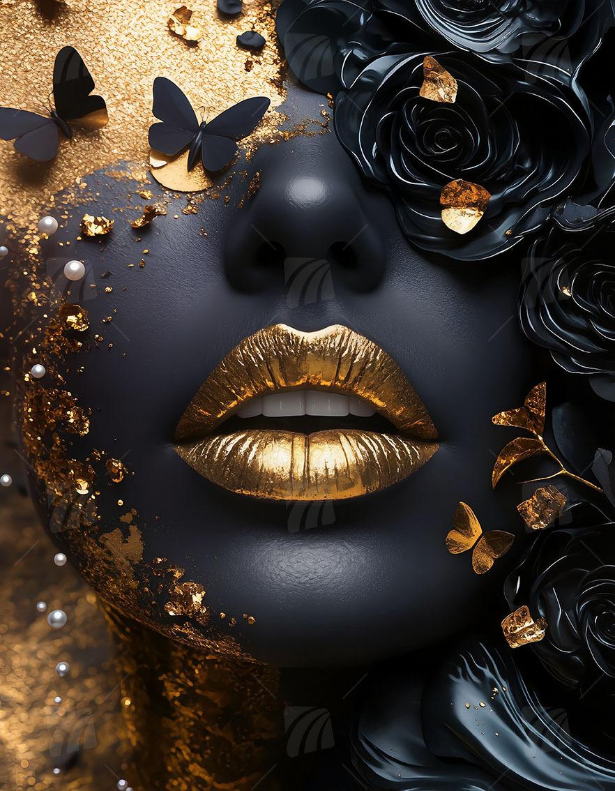 Golden Rose Black & Gold Wandbild auf Aluminium Dibond Spanntuch