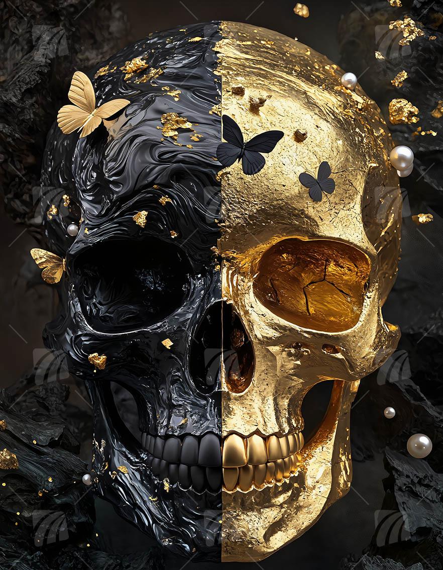 Golden Skull Black & Gold Wandbild auf Aluminium Dibond Spanntuch