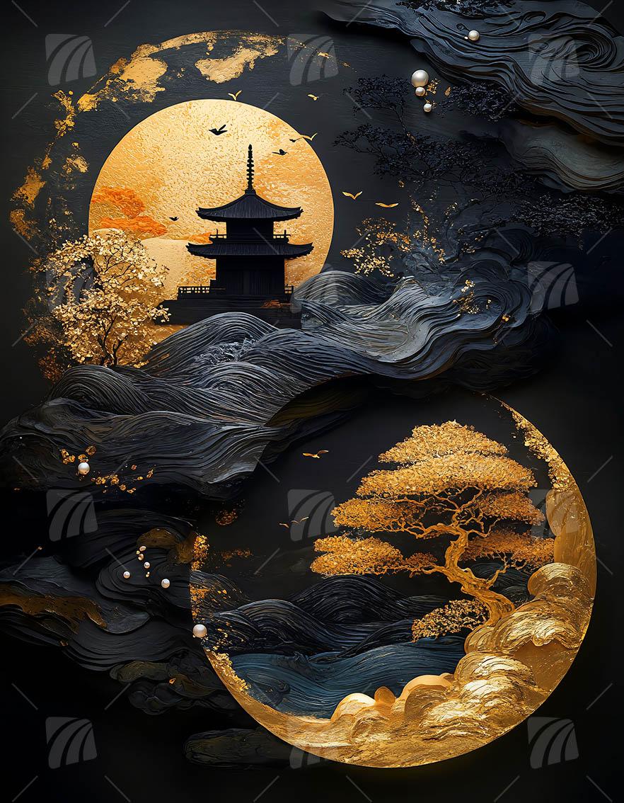 Golden Temple Black & Gold Wandbild auf Aluminium Dibond Spanntuch