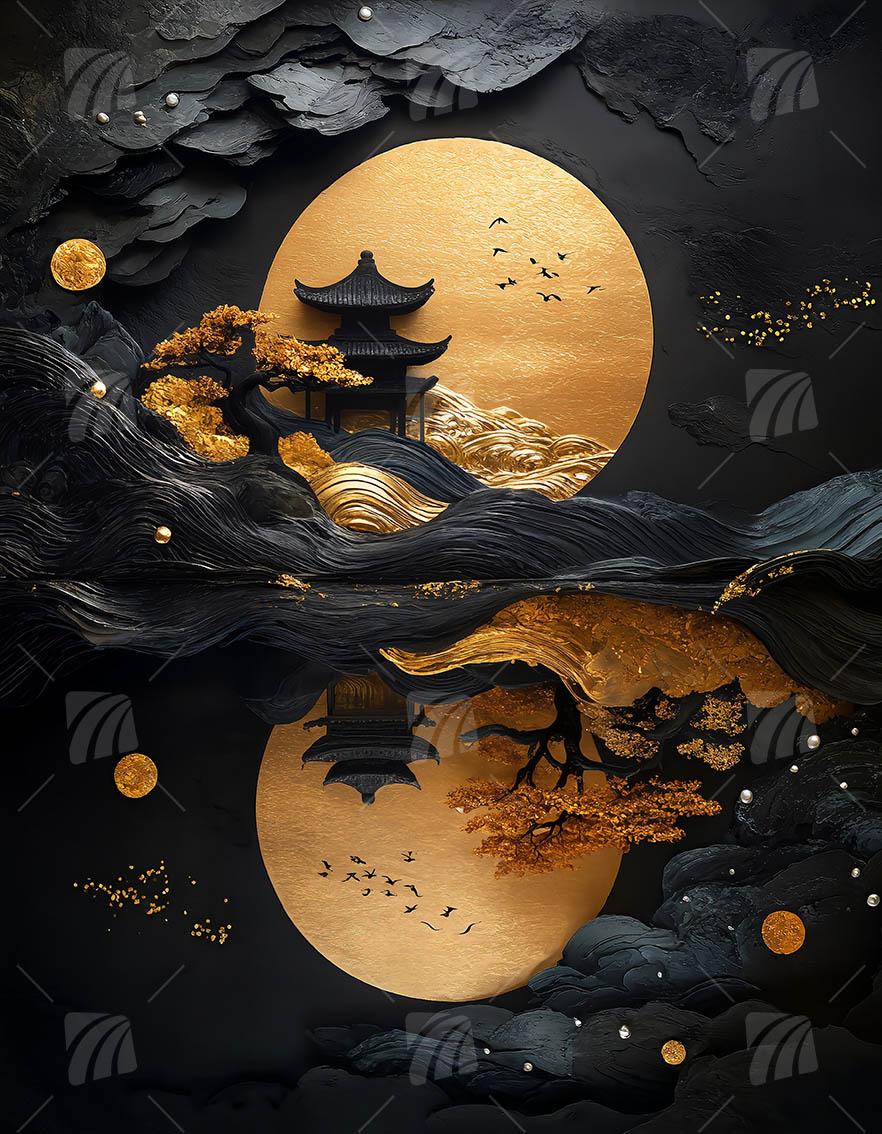 Golden Zen Black & Gold Wandbild auf Aluminium Dibond Spanntuch