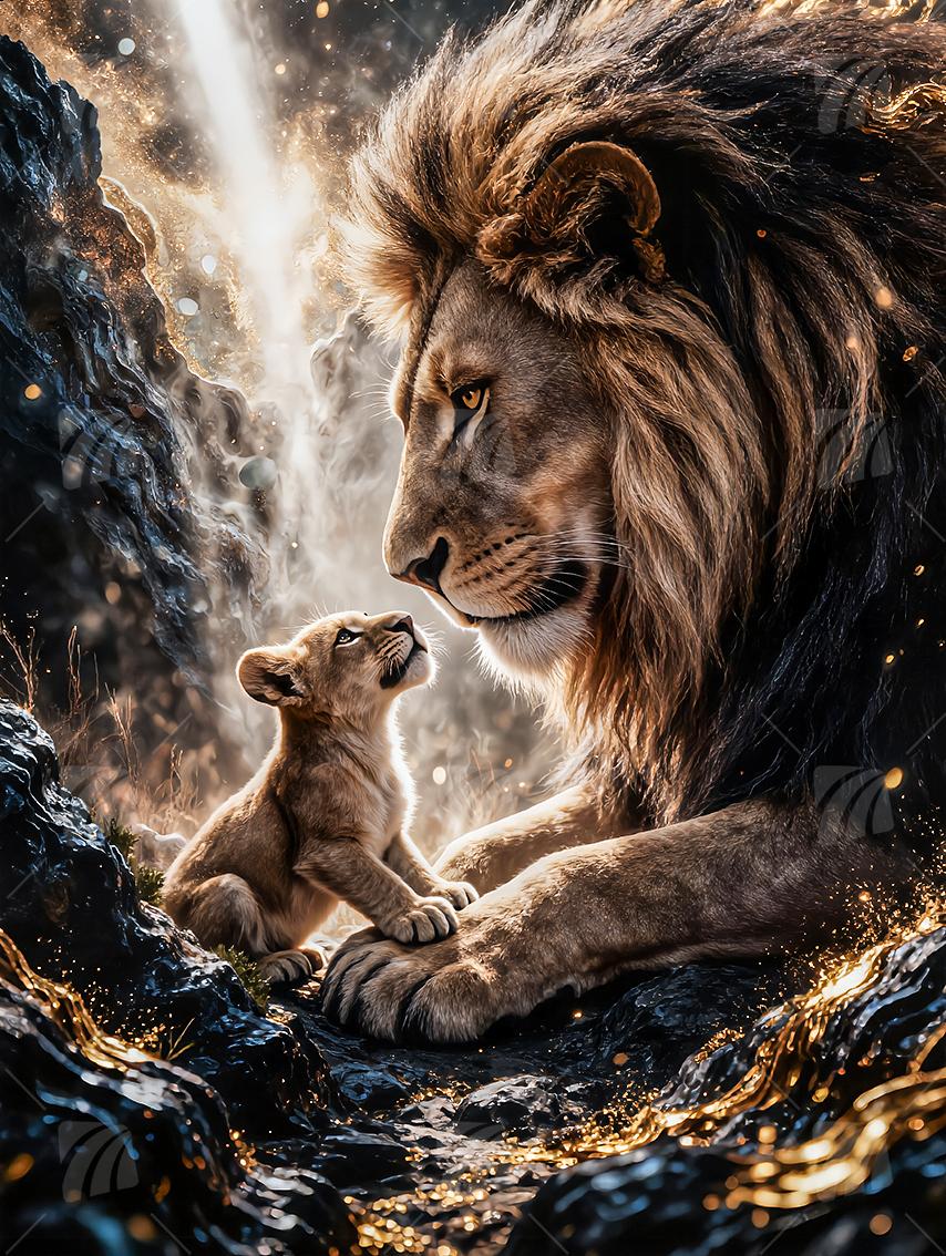 Lion & Cub Tiere Wandbild auf Aluminium Dibond Spanntuch