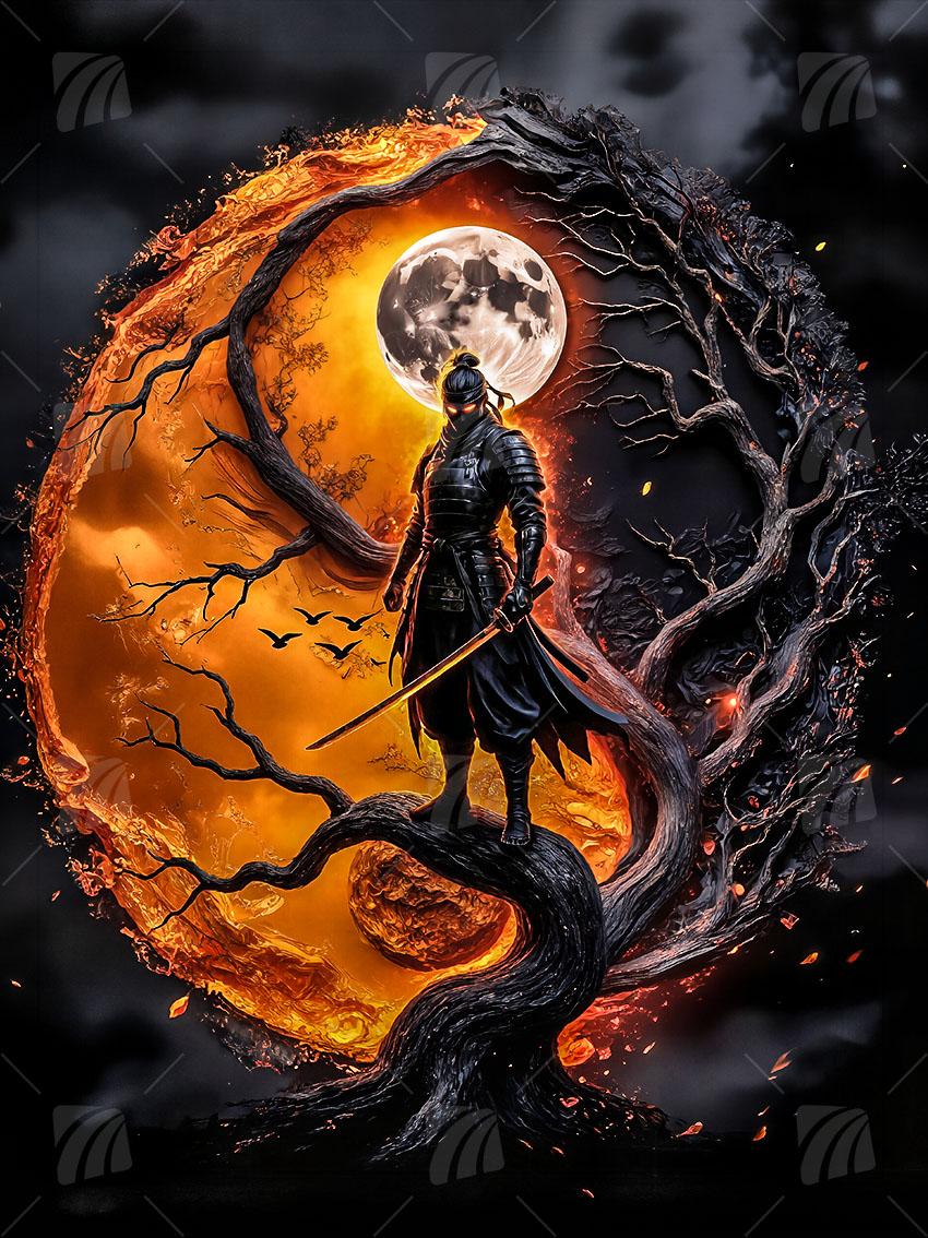 Moon Samurai Krieger Wandbild auf Aluminium Dibond Spanntuch