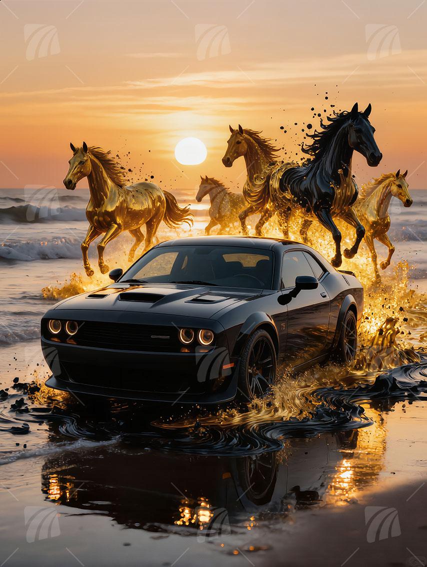 Mustang Sunset Fahrzeuge Wandbild auf Aluminium Dibond Spanntuch