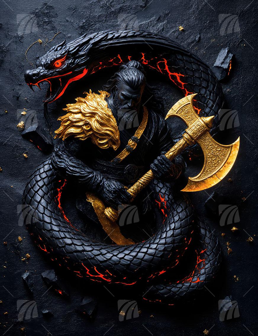 Serpent Slayer Krieger Wandbild auf Aluminium Dibond Spanntuch